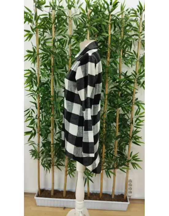 Kadın Uzun Kollu Ekoseli önden Düğmeli Dokuma Uzun Gömlek