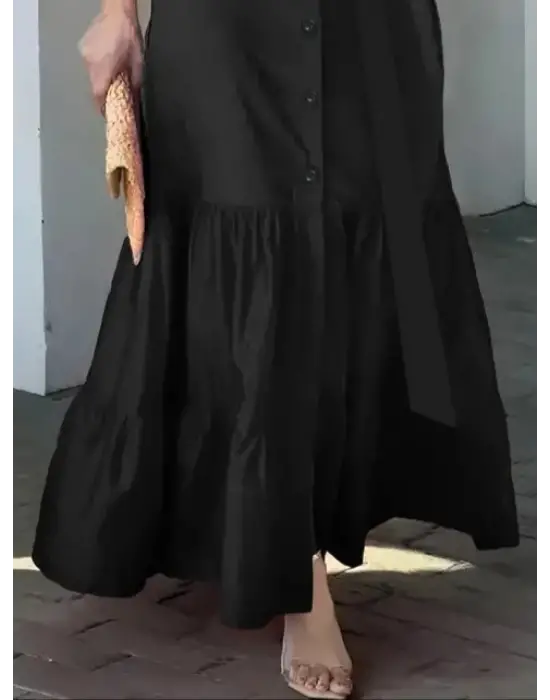 Kadın Uzun Kollu Eteği Fırfırlı Beli Kuşaklı Trikoton Tam Boy Gömlek Elbise