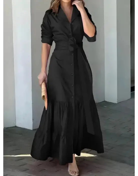 Kadın Uzun Kollu Eteği Fırfırlı Beli Kuşaklı Trikoton Tam Boy Gömlek Elbise