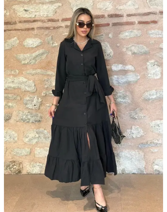 Omarı Trikoton Fırfırlı Beli Kuşaklı Kadın Gömlek Elbise