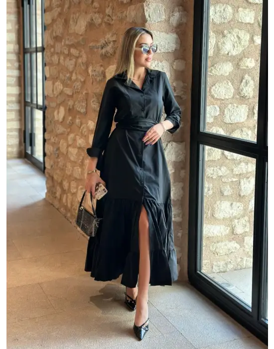 Kadın Uzun Kollu Eteği Fırfırlı Beli Kuşaklı Trikoton Tam Boy Gömlek Elbise
