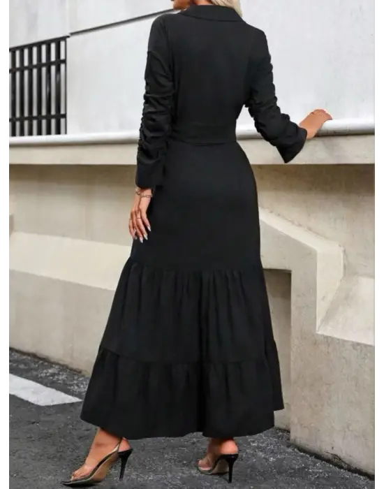 Omarı Şık Fırfırlı Bel Detaylı Uzun Kollu Elbise