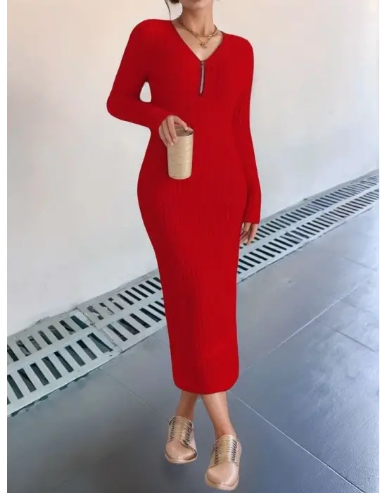 Omarı Şık Kadın Maxi Elbise Fermuar Detayıyla Şıklık Katın