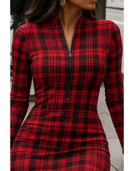 Kadın Uzun Kollu Fermuarlı Ekose Baskılı Dalgıç Elbise