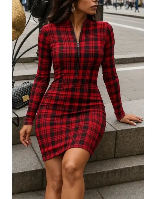 Kadın Uzun Kollu Fermuarlı Ekose Baskılı Dalgıç Elbise