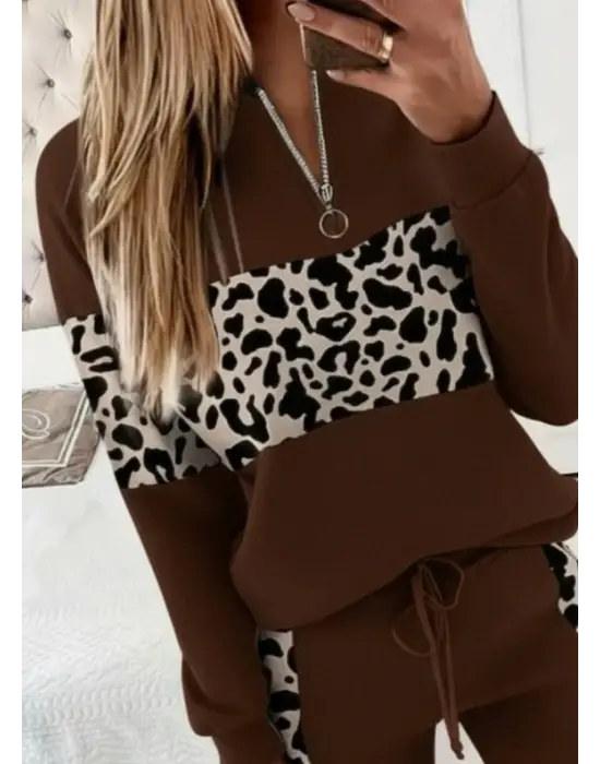 Kadın Uzun Kollu Fermuarlı Karışık Desenli Viskon Iki Iplik Bluz Ve Pantolon Ikili Takım