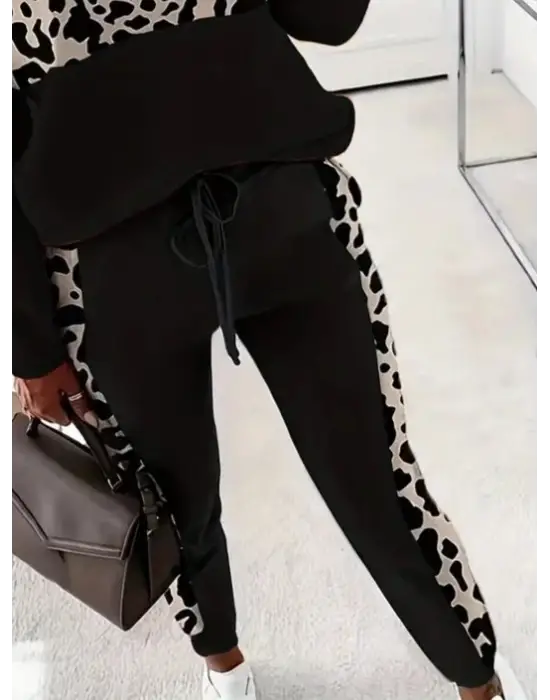 Kadın Uzun Kollu Fermuarlı Karışık Desenli Viskon Iki Iplik Bluz Ve Pantolon Ikili Takım