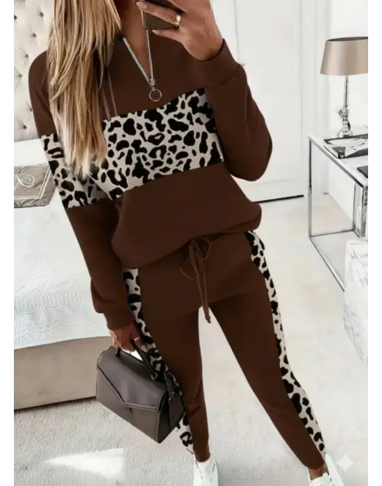 Kadın Uzun Kollu Fermuarlı Karışık Desenli Viskon Iki Iplik Bluz Ve Pantolon Ikili Takım