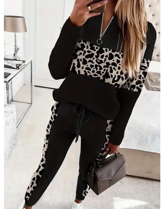 Kadın Uzun Kollu Fermuarlı Karışık Desenli Viskon Iki Iplik Bluz Ve Pantolon Ikili Takım