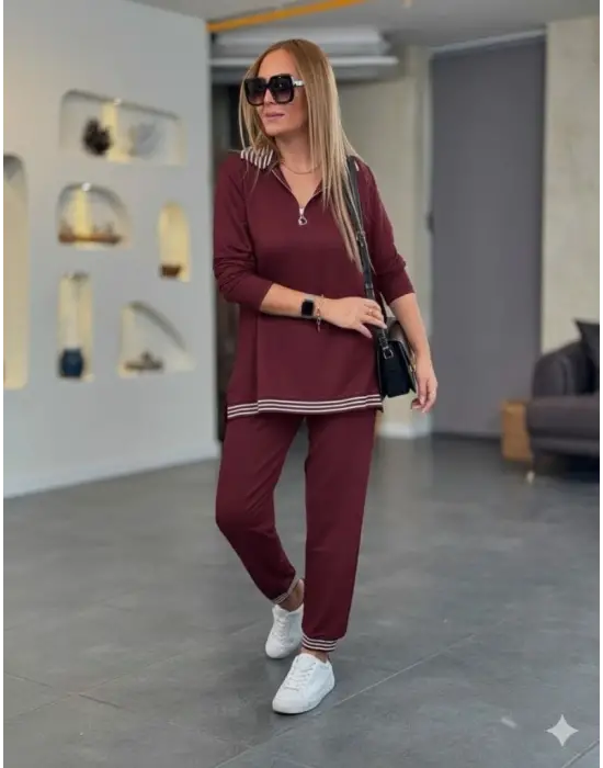 Kadın Uzun Kollu Fermuarlı şerit Detay Desenli Alt üst Ikili Viskon Iki Iplik Takım