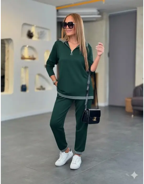 Kadın Uzun Kollu Fermuarlı şerit Detay Desenli Alt üst Ikili Viskon Iki Iplik Takım