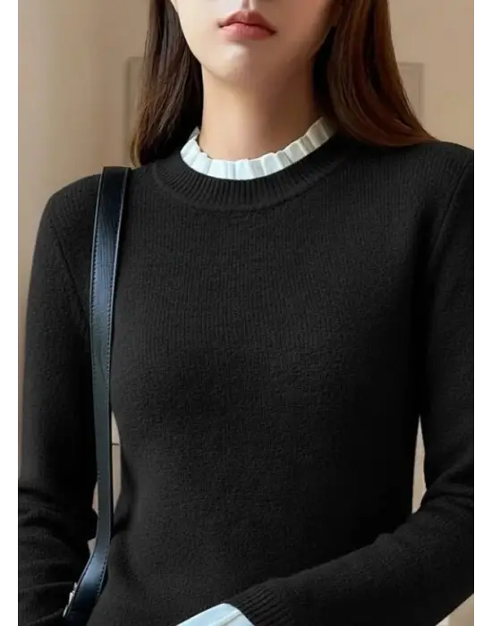 Kadın Uzun Kollu Fırfırlı Yakalı Triko Bluz