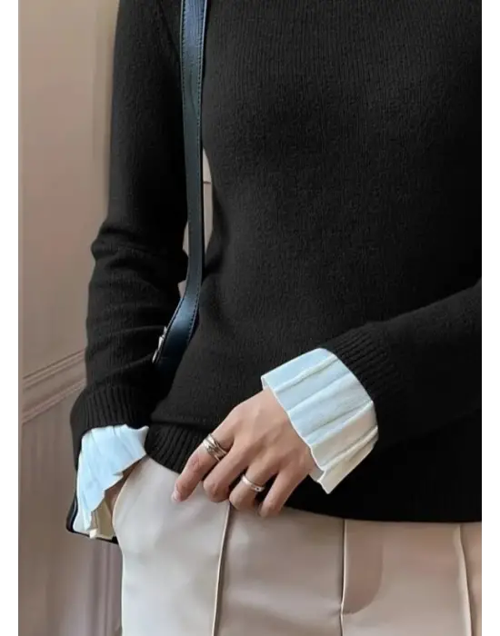 Kadın Uzun Kollu Fırfırlı Yakalı Triko Bluz