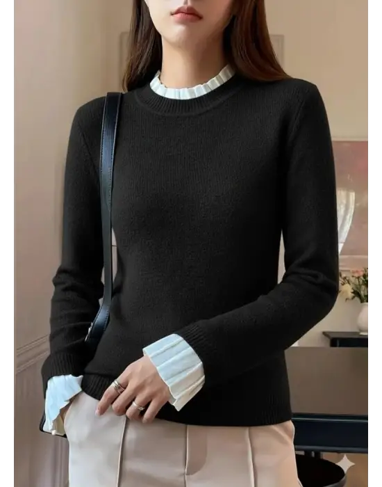 Kadın Uzun Kollu Fırfırlı Yakalı Triko Bluz