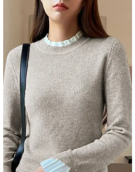 Kadın Uzun Kollu Fırfırlı Yakalı Triko Krem Bluz