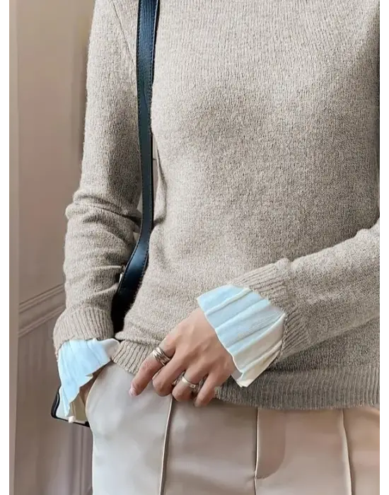 Kadın Uzun Kollu Fırfırlı Yakalı Triko Krem Bluz