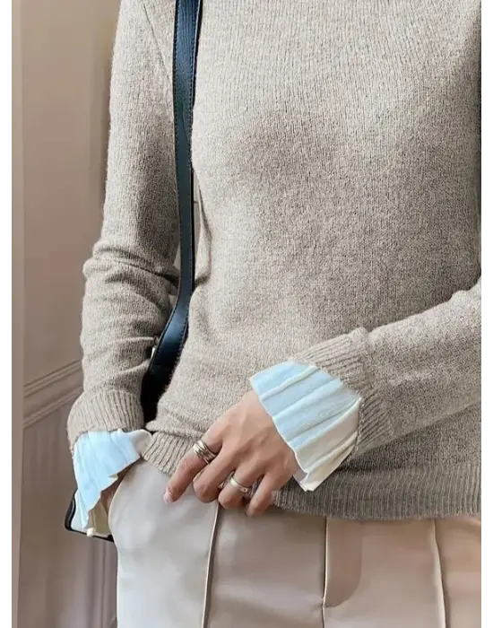 Kadın Uzun Kollu Fırfırlı Yakalı Triko Krem Bluz