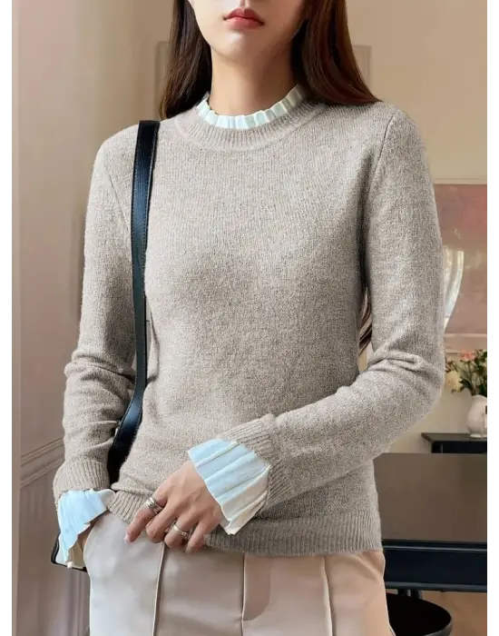 Kadın Uzun Kollu Fırfırlı Yakalı Triko Krem Bluz