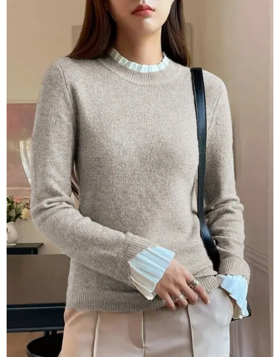 Kadın Uzun Kollu Fırfırlı Yakalı Triko Krem Bluz