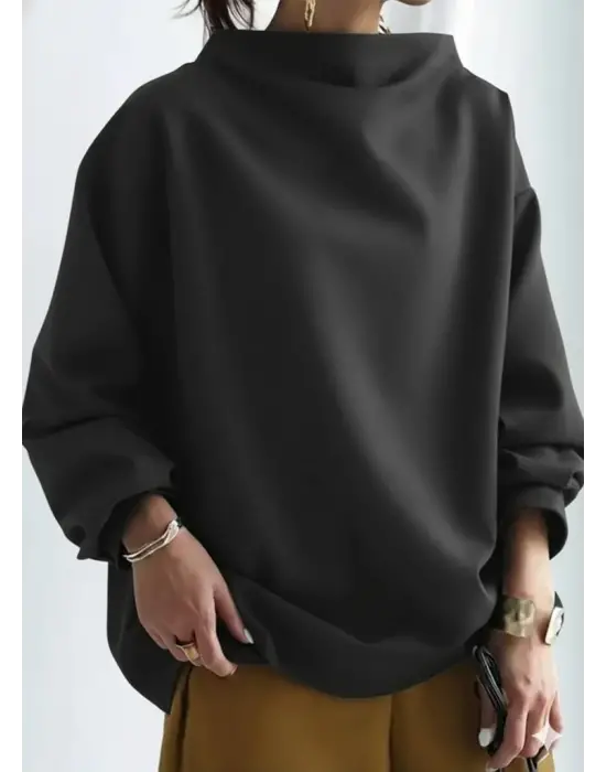 Kadın Uzun Kollu Geniş Balıkçı Yaka Modal Bluz