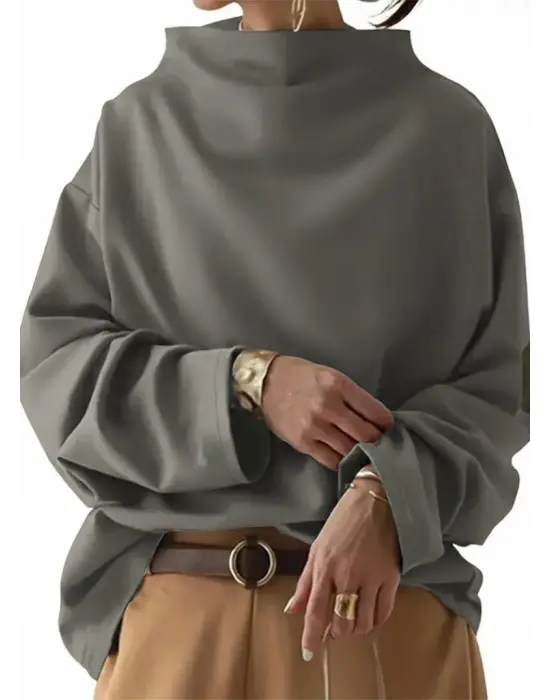 Kadın Uzun Kollu Geniş Balıkçı Yaka Modal Bluz