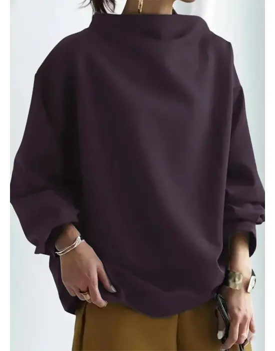 Kadın Uzun Kollu Geniş Balıkçı Yaka Modal Mürdüm Bluz