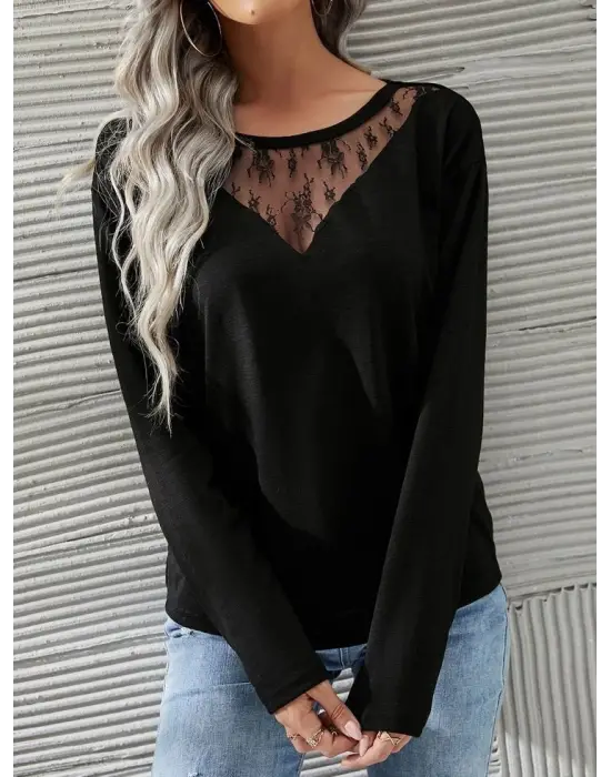 Kadın Uzun Kollu Geniş Yuvarlak Yaka Dantelli Viskon Iki Iplik Bluz