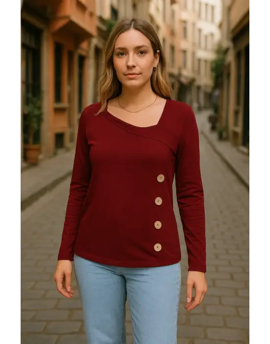 Omarı Geometrik Detaylı Kadın Uzun Kollu Bluz