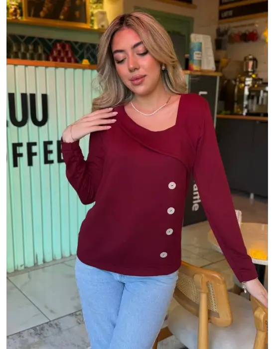 Kadın Uzun Kollu Geometrik Yaka Detay Yandan Düğmeli Viskon Iki Iplik Bluz