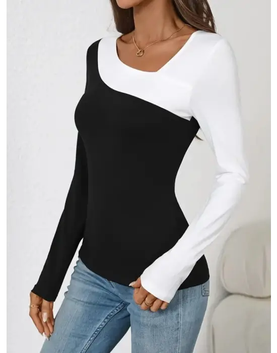 Kadın Uzun Kollu Geometrik Yaka Detaylı çift Renkli Viskon Bluz