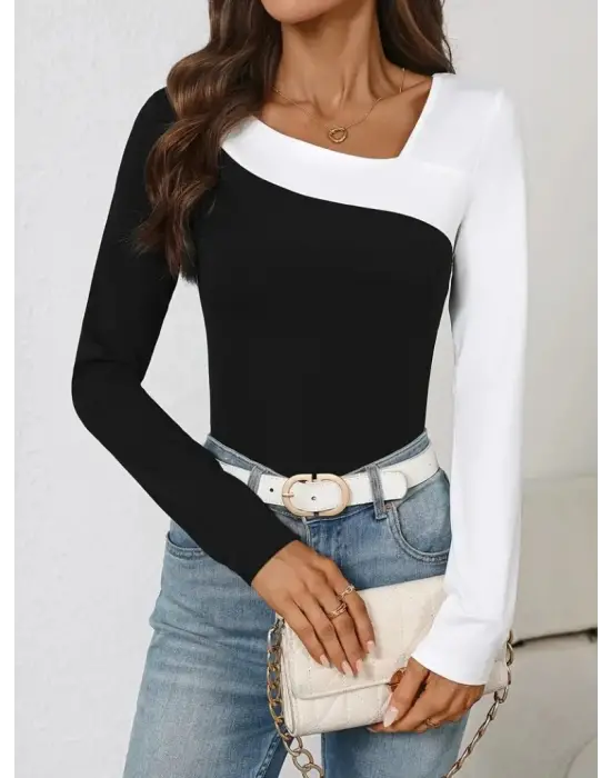 Kadın Uzun Kollu Geometrik Yaka Detaylı çift Renkli Viskon Bluz