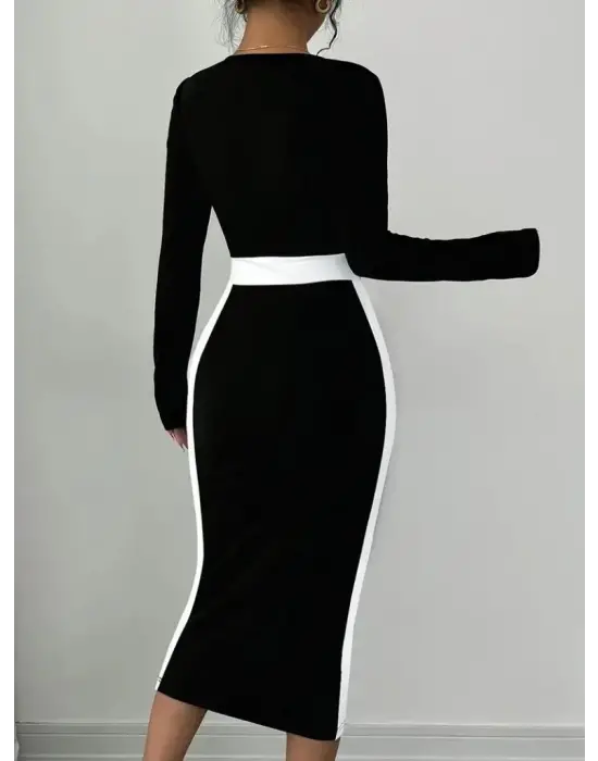 Kadın Uzun Kollu Geometrik Yaka Midi Ithal Krep Elbise