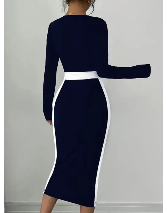 Kadın Uzun Kollu Geometrik Yaka Midi Ithal Krep Elbise