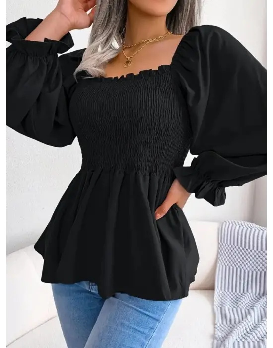 Kadın Uzun Kollu Geometrik Yakalı Gipe Detaylı Krep Bluz