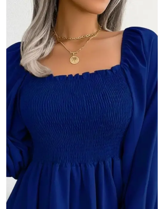 Kadın Uzun Kollu Geometrik Yakalı Gipe Detaylı Krep Bluz