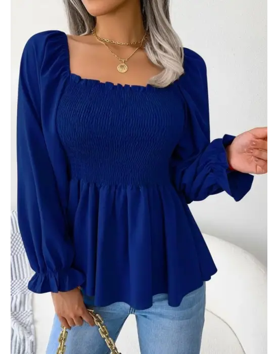 Kadın Uzun Kollu Geometrik Yakalı Gipe Detaylı Krep Bluz