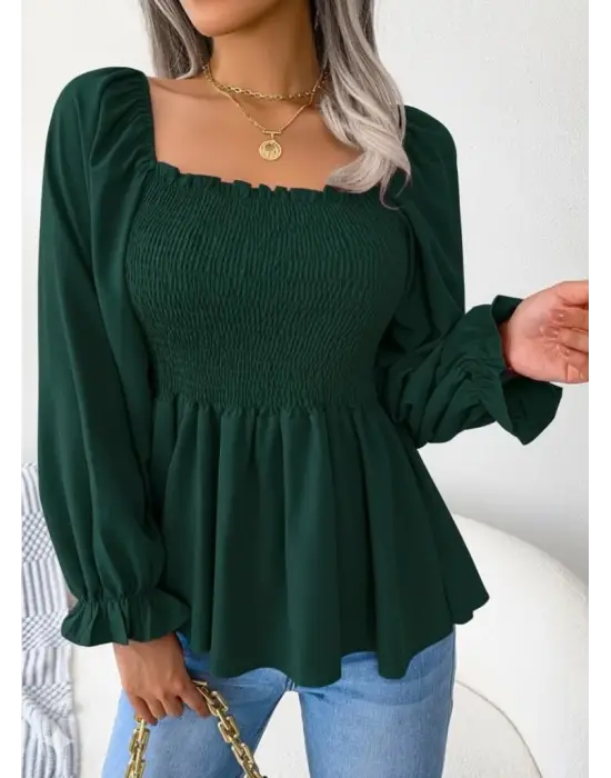 Kadın Uzun Kollu Geometrik Yakalı Gipe Detaylı Krep Bluz