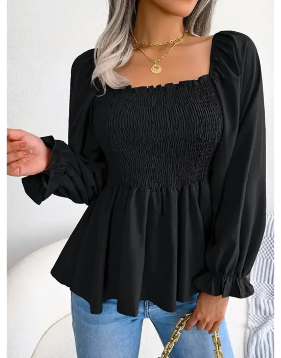 Kadın Uzun Kollu Geometrik Yakalı Gipe Detaylı Krep Bluz