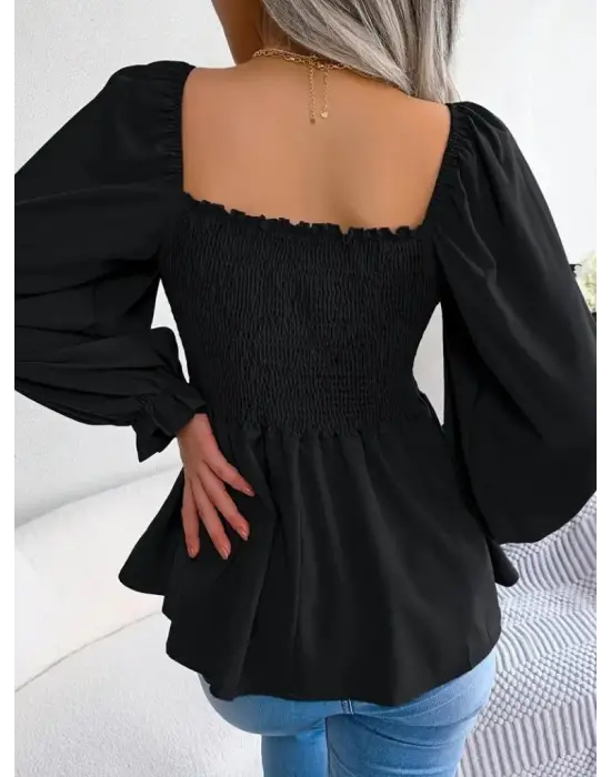 Kadın Uzun Kollu Geometrik Yakalı Gipe Detaylı Krep Bluz