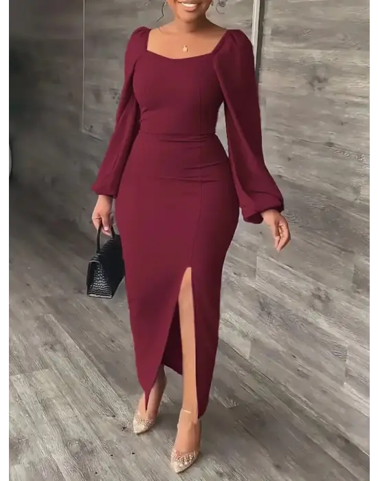 Kadın Uzun Kollu Geometrik Yakalı Yandan Yırtmaçlı Uzun Janjan Krep Elbise