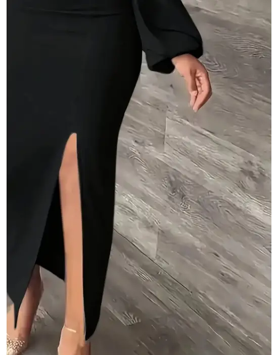 Modern Yandan Yırtmaçlı Janjan Krep Elbise