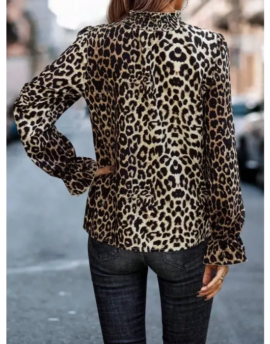 Zarif Leopar Desenli Balıkçı Yaka Bluz