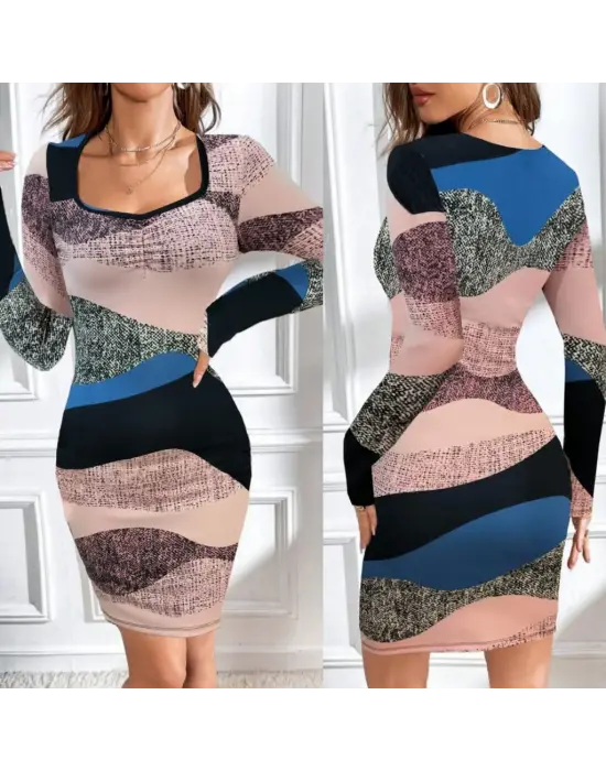 Kadın Uzun Kollu Göğüs Dekolte Detay Dalgıç Mini Elbise