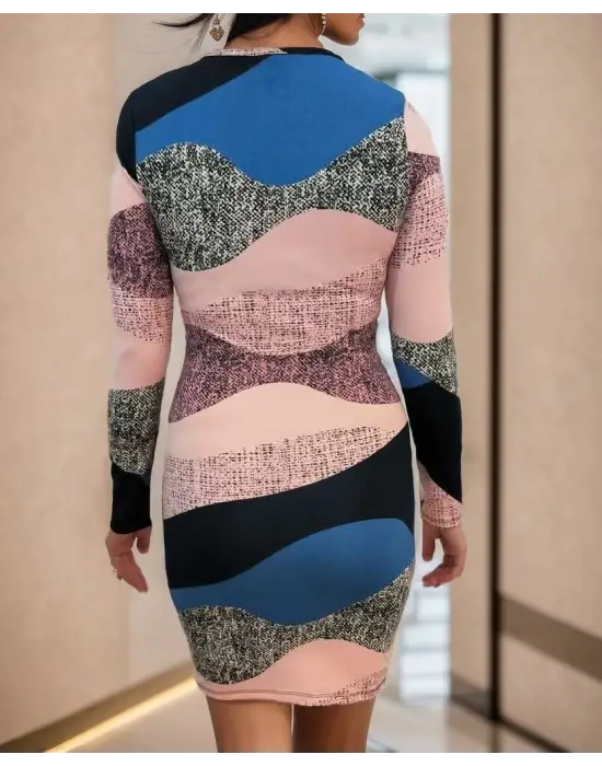 Kadın Uzun Kollu Göğüs Dekolte Detay Dalgıç Mini Elbise