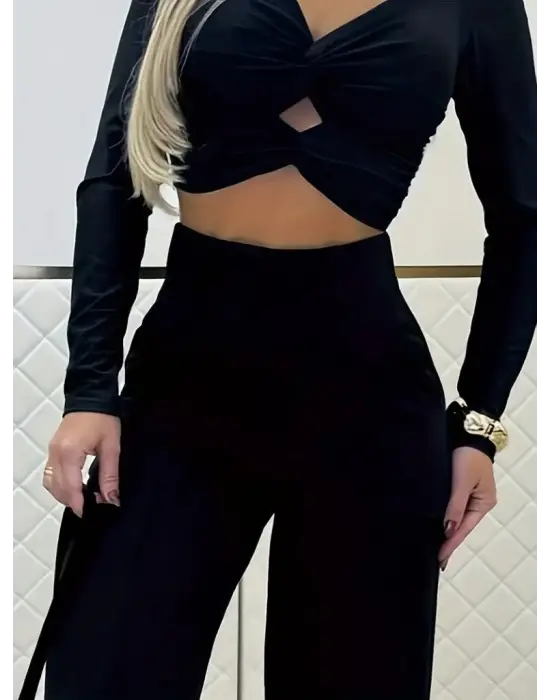 Şık Kadın Krep Bluz Ve Pantolon Takım