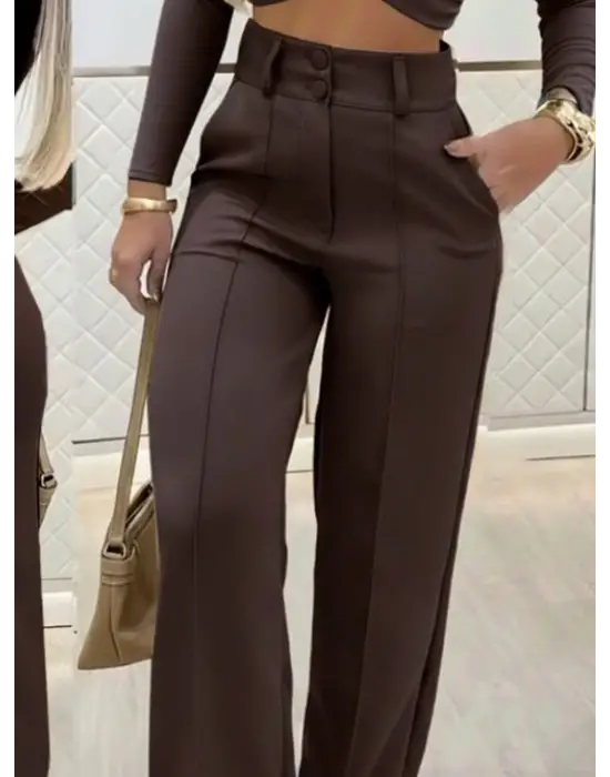 Kadın Uzun Kollu Göğüs Dekolteli Ithal Krep Bluz Ve Pantolon Ikili Takım
