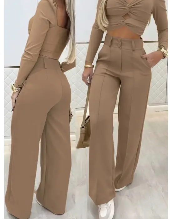 Kadın Uzun Kollu Göğüs Dekolteli Ithal Krep Bluz Ve Pantolon Ikili Takım