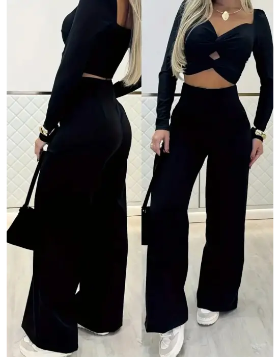 Kadın Uzun Kollu Göğüs Dekolteli Ithal Krep Bluz Ve Pantolon Ikili Takım