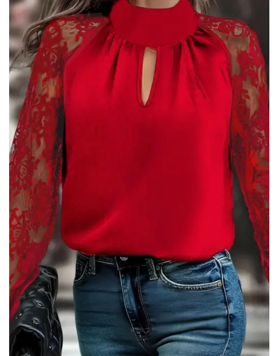 Kadın Uzun Kollu Göğüs Pencere Detay Yaka Boğazlı Kolları Tüllü Sandy Bluz