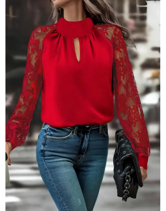 Kadın Uzun Kollu Göğüs Pencere Detay Yaka Boğazlı Kolları Tüllü Sandy Bluz